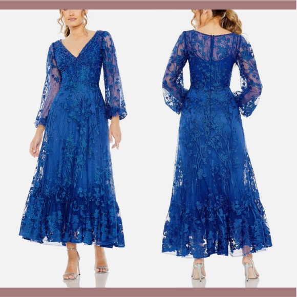 NWT $798 Mac Duggal [ 16 ] V Neck Mesh Puff Sleeve A Line Embellished Dress Blue - Picture 2 of 16